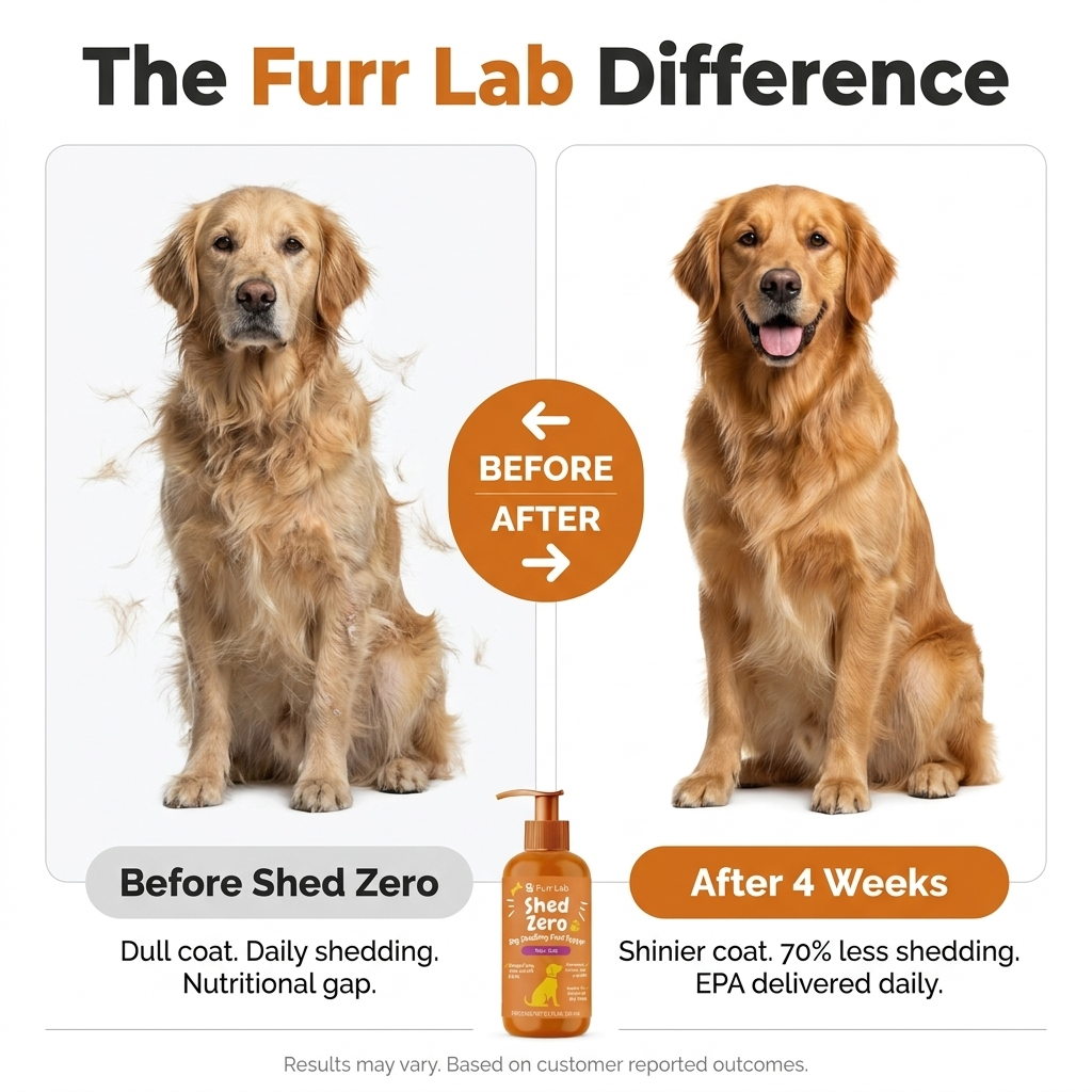 A dog licking peanut butter from a jar over a bowl of kibble against an orange background.